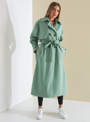 Mint - Fully Lined - Shawl Collar - Cotton - Viscose - Trench Coat - SAHRA AFRA
