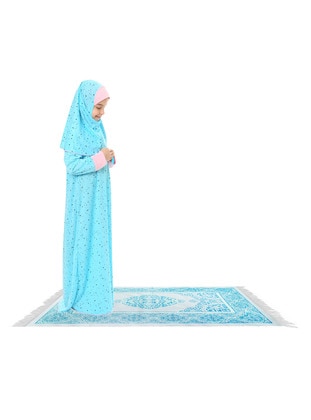 3-Piece Prayer Dress For Girls Turquoise With Prayer Rug And Star Patterned Sleeve Cuffs