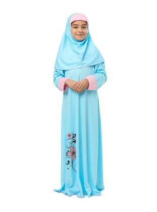 Floral Printed Girl's Prayer Gown With Cuffs - Blue