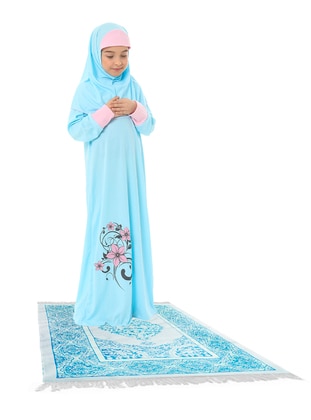 Floral Printed Girl's Prayer Dress Set Turquoise With Cuffs And Prayer Rug