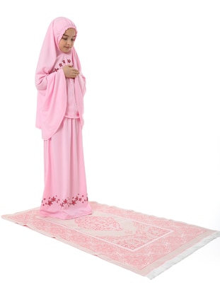 Girl's Prayer Suit Star Printed Head Scarf And Prayer Rug Set Pink