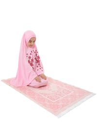 Girl's Prayer Suit Star Printed Head Scarf And Prayer Rug Set Pink