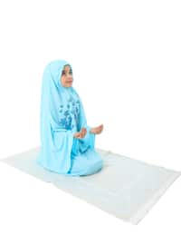 Girl's Prayer Dress Star Printed Head Scarf And Prayer Rug Set Turquoise