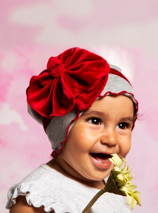 Floral - Unlined - Gray - Red - Beanie - Babydora