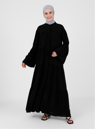 Black - Button Collar - Unlined - Modest Dress - Refka