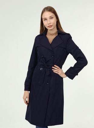 Navy Blue - Fully Lined - Double-Breasted - Trench Coat - Jamila