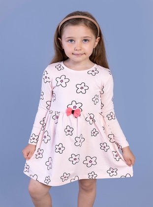 Girl's Floral Patterned Bow Detailed Dress Powder