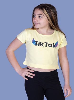 Toontoy Kız Çocuk Ön Arka TikTok Baskılı Tişört-Sarı