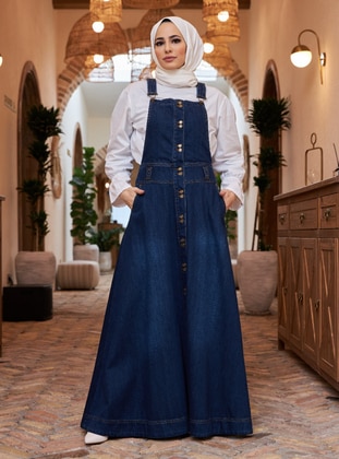 Unlined - Navy Blue - Denim - Cotton - Skirt Overalls - Neways