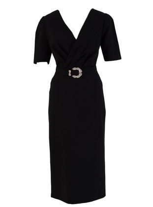 Half Lined - Black - V neck Collar - Evening Dresses - Drape