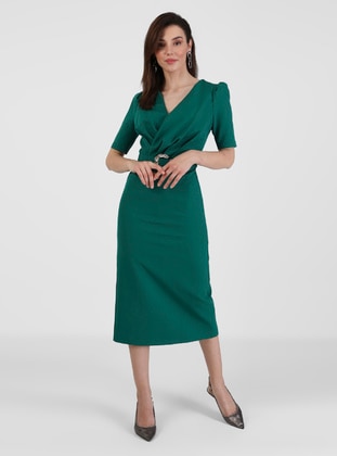 Half Lined - Green - V neck Collar - Evening Dresses - Drape