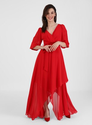 Fully Lined - Red - V neck Collar - Evening Dresses - Drape