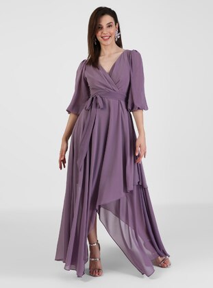 Fully Lined - Lilac - V neck Collar - Evening Dresses - Drape