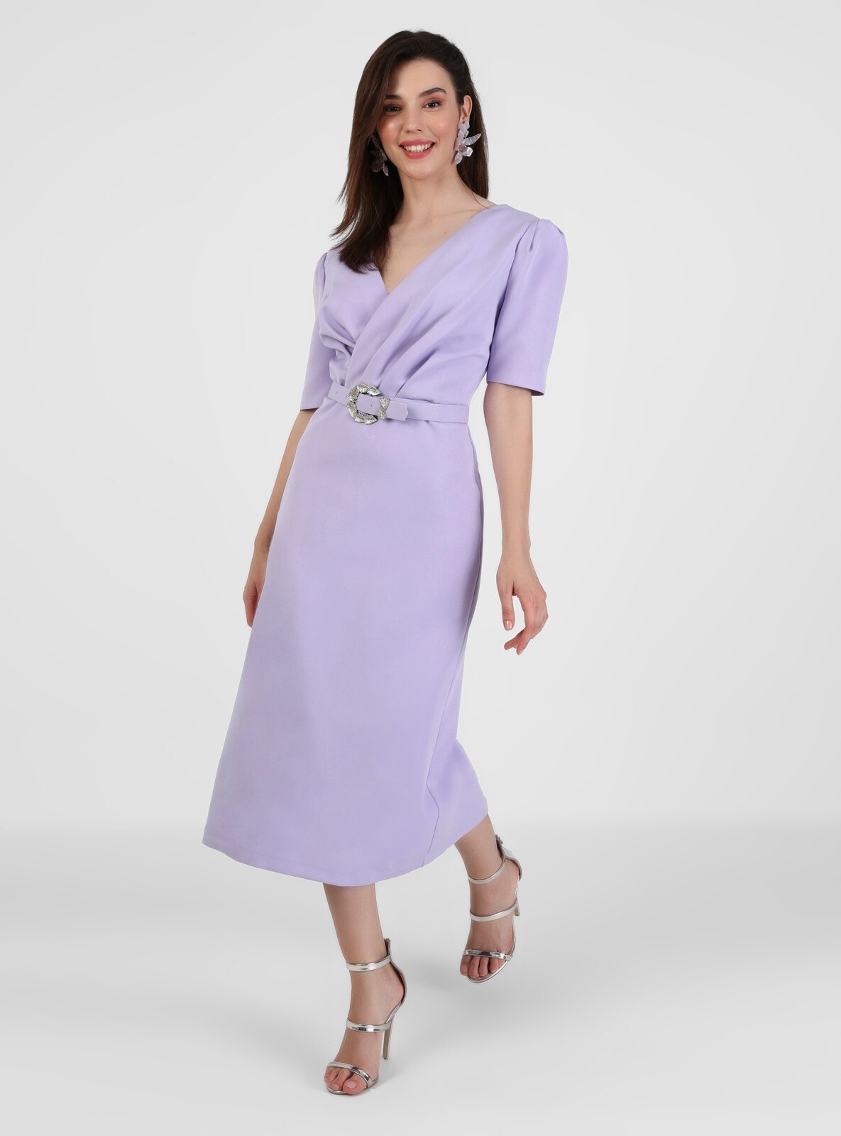 Half Lined - Lilac - V neck Collar - Evening Dresses