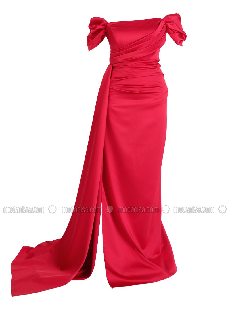 Half Lined - Red - Boat neck - Evening Dresses