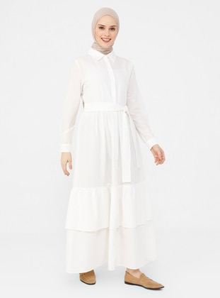 White - Point Collar - Unlined - Cotton - Modest Dress - Refka