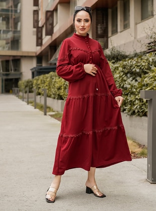 Maroon - Crew neck - Unlined - Cotton - Modest Dress - Topless