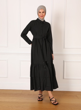Black - Point Collar - Unlined - Cotton - Modest Dress - Refka