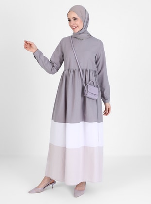 White - Lilac - Crew neck - Unlined - Modest Dress - Refka