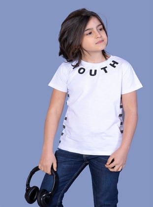 Printed - Crew neck - Unlined - White - Boys` T-Shirt - Toontoy