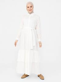 White - Point Collar - Unlined - Cotton - Modest Dress