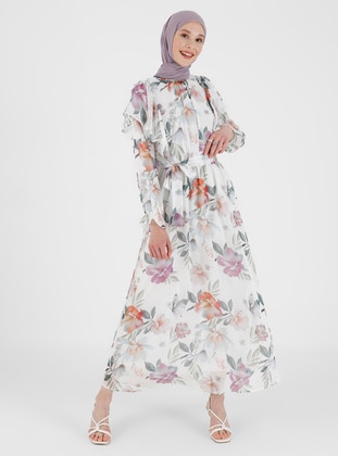 Ecru - Green - Floral - Crew neck - Fully Lined - Modest Dress - Refka
