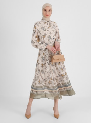 Beige - Green - Floral - Point Collar - Fully Lined - Modest Dress - Refka