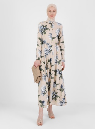 Beige - Floral - Point Collar - Unlined - Modest Dress - Refka