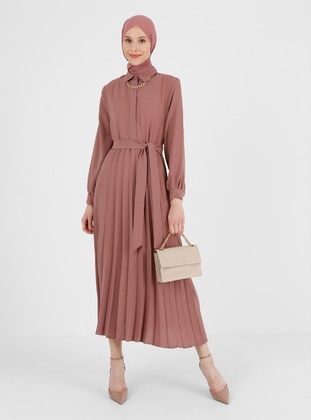 Brown - Point Collar - Unlined - - Modest Dress - Refka