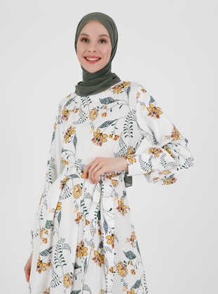 Yellow - Floral - Round Collar - Unlined - Viscose - Modest Dress - Refka