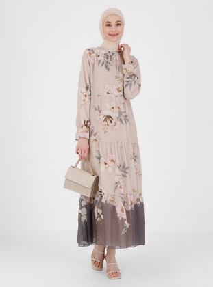 Gray - Powder - Floral - Crew neck - Fully Lined - Modest Dress - Refka