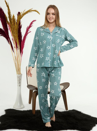 Green - Shawl Collar - Multi - Pyjama Set - Ladymina Pijama