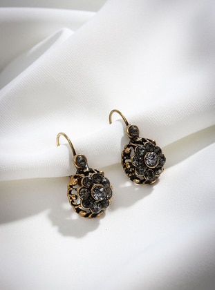 Small Flower Authentic Earrings Black With Stones