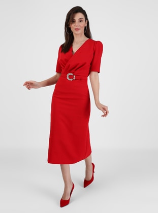 Half Lined - Red - V neck Collar - Evening Dresses - Drape