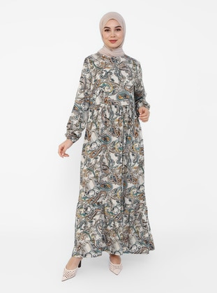Natural Fabric Patterned Modest Dress Mink