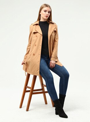 Camel - Fully Lined - Double-Breasted - Plus Size Trench coat - Jamila
