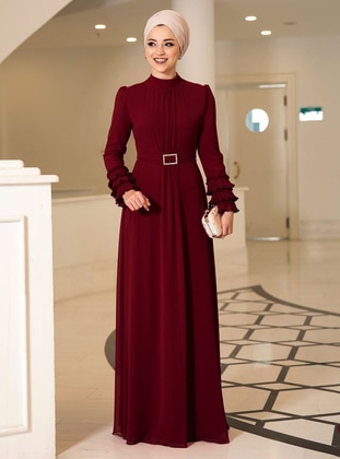 Maroon - Fully Lined - Polo neck - Modest Evening Dress - DressLife