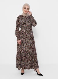 Natural Fabric Floral Patterned Modest Dress With Elastic Waist Black
