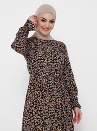 Natural Fabric Floral Patterned Modest Dress With Elastic Waist Black