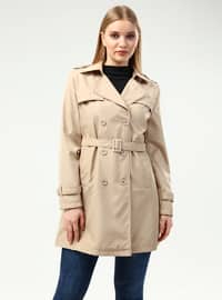 Beige - Fully Lined - Double-Breasted - Plus Size Trench coat