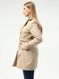Beige - Fully Lined - Double-Breasted - Plus Size Trench coat