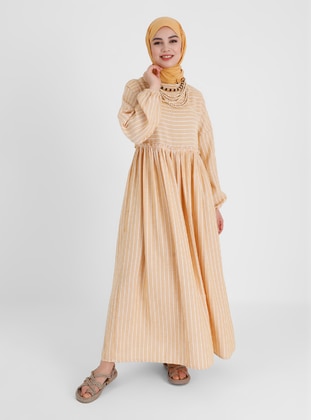 Striped Modest Dress Saffron With Elastic Sleeves