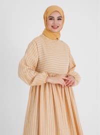 Striped Modest Dress Saffron With Elastic Sleeves