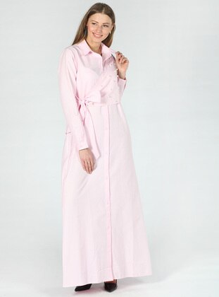 Pink - Point Collar - Fully Lined - Cotton - Modest Dress