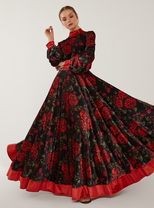 Rose Patterned Modest Dress Coral