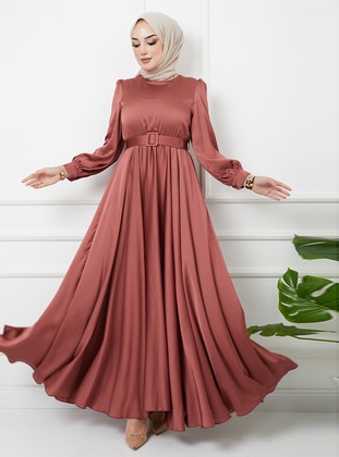 Flared Satin Hijab Evening Dress Rose Color With Belt Accessories