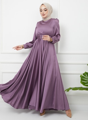 Flared Satin Evening Dress with Belt - Lilac - Olcay