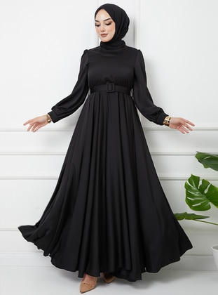 Flared Satin Evening Dress with Belt - Black - Olcay