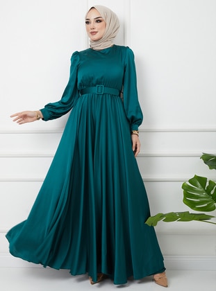 Green - Unlined - Crew neck - Modest Evening Dress - Olcay