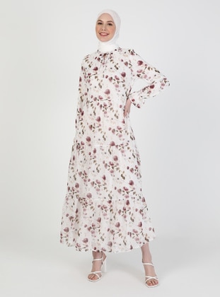 Ecru - Floral - Crew neck - Fully Lined - Modest Dress - Refka